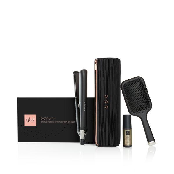 GHD black platinum+™ styler gift set 黑色platinum+™智能造型夾禮品套裝,Free gift • styler heat pouch · mini heat protect • paddle brush 贈品 • 時尚隔熱收納袋 贈品 • 方形闊板髮梳 贈品 • 迷你抗熱噴霧 (動搜買任何三件八折)