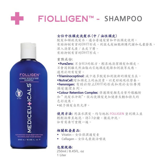 Mediceuticals Folligen Shampoo For Women (NorScalp mal & hair) 250ml. 1000ml 中性頭皮洗髮水 (中/油性頭皮) (動搜買任何三件八折)