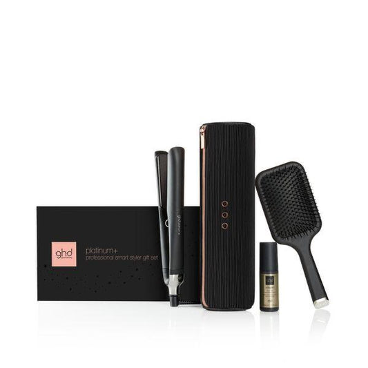 GHD black platinum+™ styler gift set  黑色platinum+™智能造型夾禮品套裝,Free gift • styler heat pouch · mini heat protect • paddle brush 贈品 • 時尚隔熱收納袋 贈品 • 方形闊板髮梳 贈品 • 迷你抗熱噴霧 (動搜買任何三件八折)